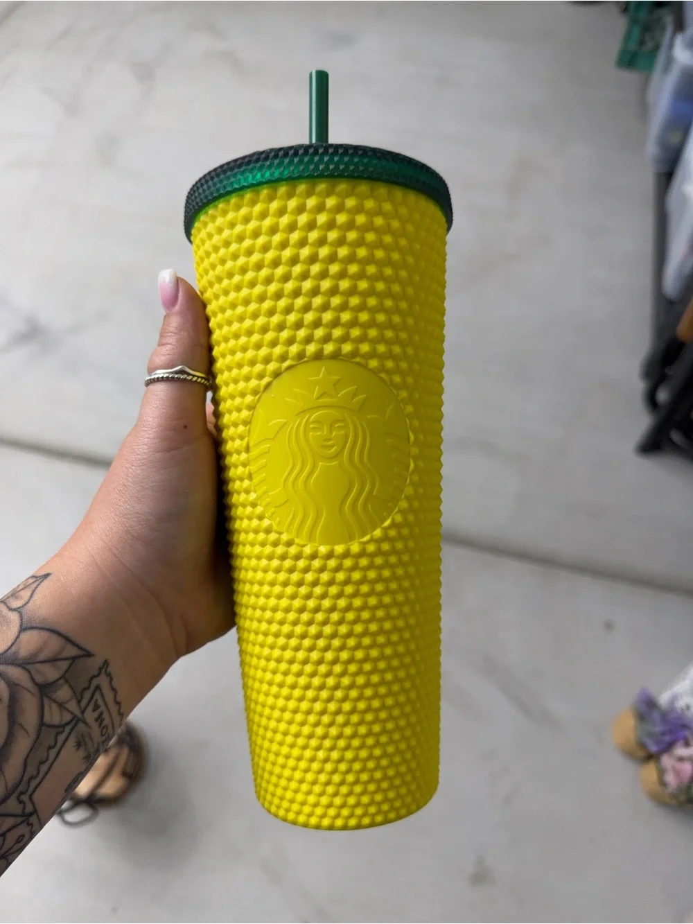 Starbucks Bright Yellow Studded Tumbler with Green Lid